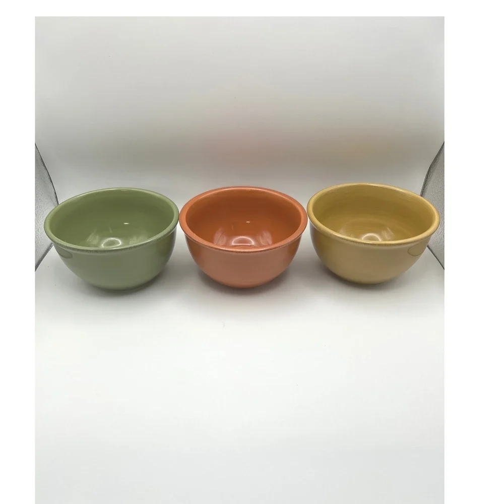 Tag Ceramic Dipping Bowl Set Metal Caddy Green Orange Yellow 3 Piece Set 7.25